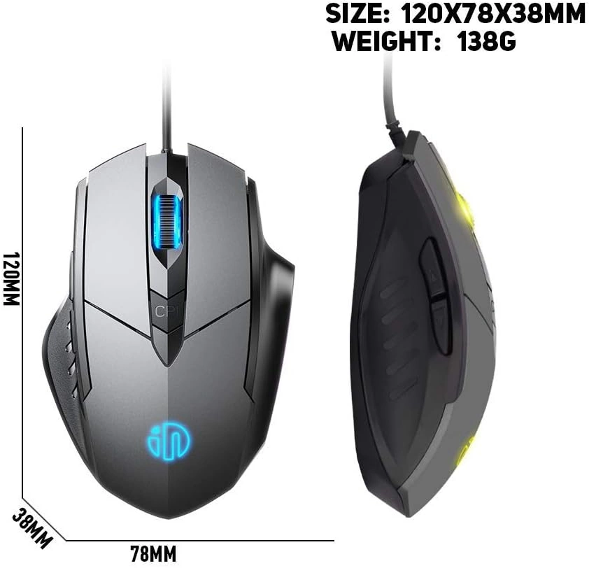 Souris Filaire Inphic – 6 Boutons, 4000 DPI, Câble USB 1,5 m – Compatible PC / Ordinateur Portable – Gris – Image 3