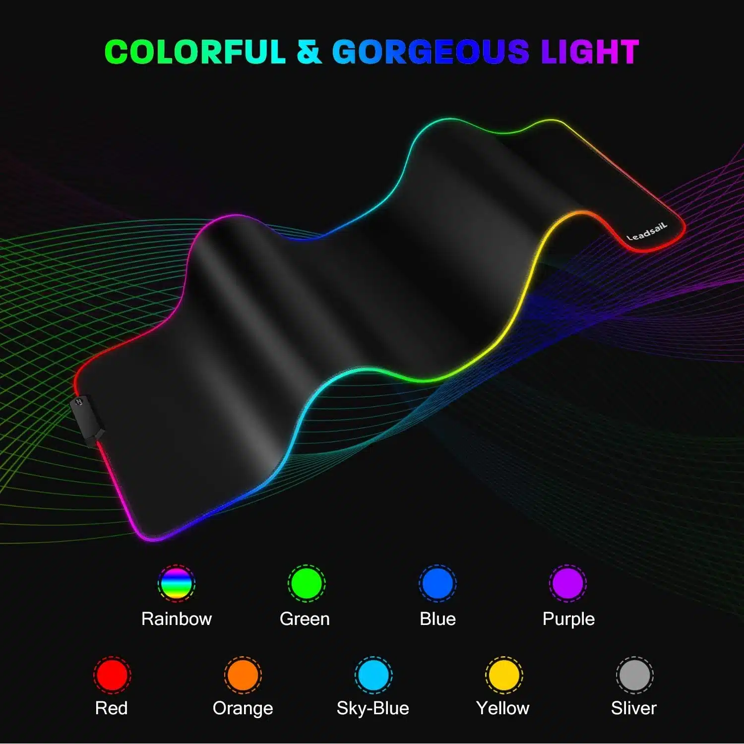 Tapis de Souris Gaming – LeadsaiL RGB, XXL 80×30 cm, 15 Modes LED, Base Antidérapante – Noir – Image 2