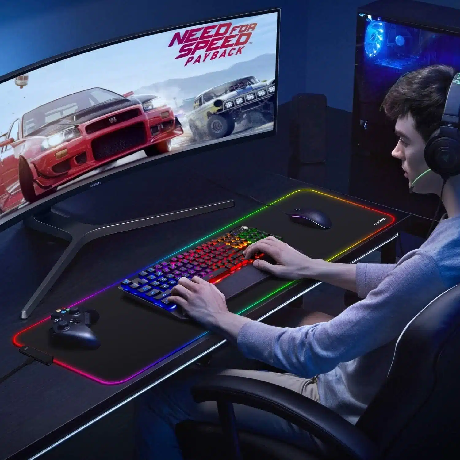Tapis de Souris Gaming – LeadsaiL RGB, XXL 80×30 cm, 15 Modes LED, Base Antidérapante – Noir – Image 3