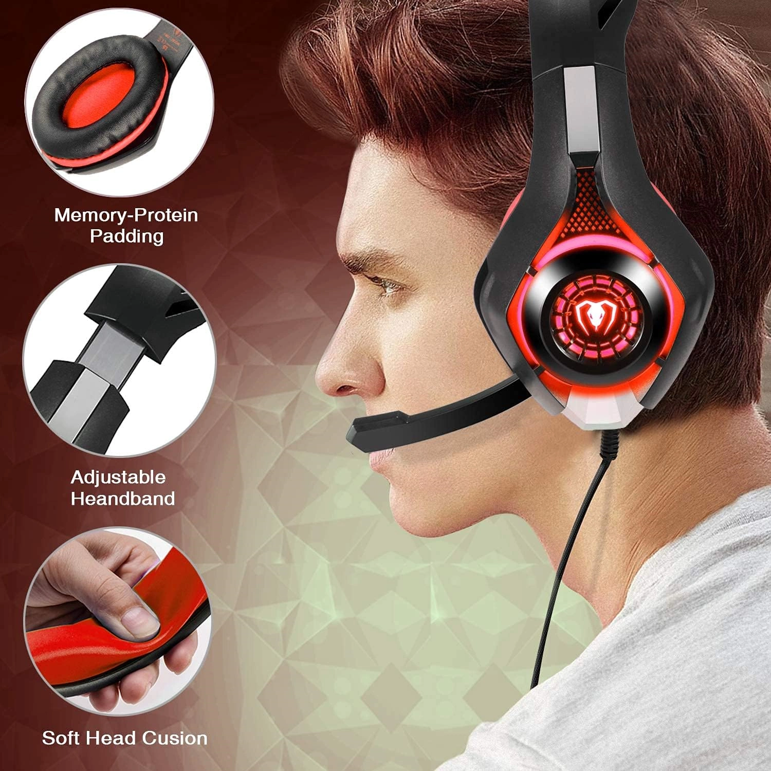 Casque Gaming Stéréo – Modèle Over-Ear avec Micro et LED – Compatible PS4 / Xbox One / PC / Ordinateur Portable – Rouge – Image 3