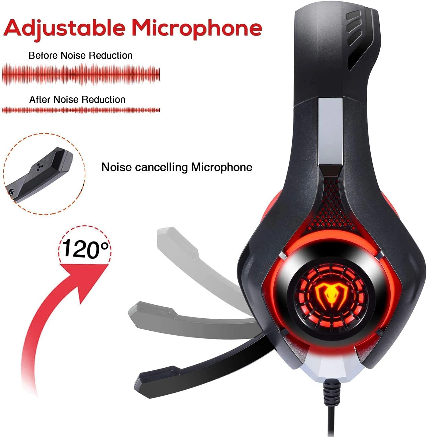 Casque Gaming Stéréo – Modèle Over-Ear avec Micro et LED – Compatible PS4 / Xbox One / PC / Ordinateur Portable – Rouge – Image 4